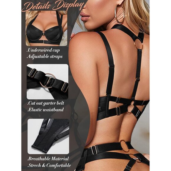 🆕Women Black Polyester Sexy Strappy 4 Piece Lace Lingerie Set with Underwire - Picture 3 of 6